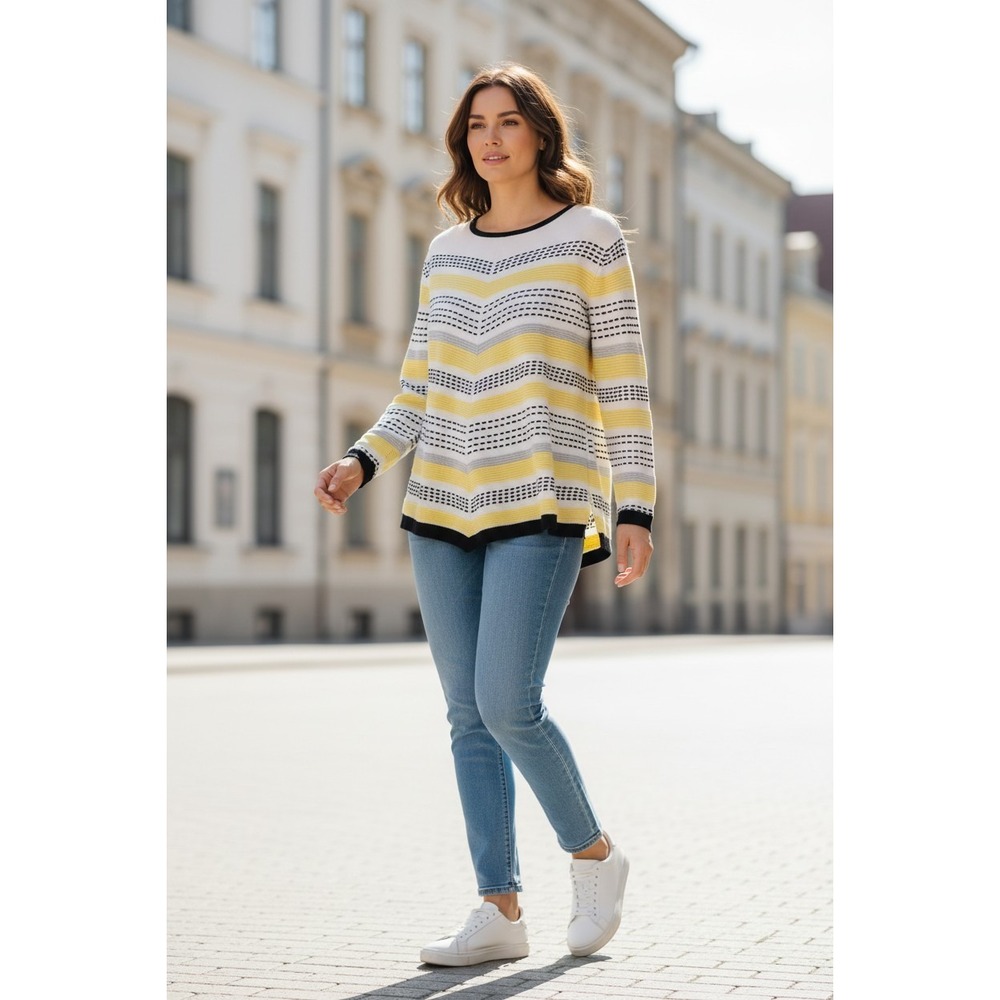 Alfred Dunner XL Sweater Yellow White Black Striped long Sleeve Cotton Blend